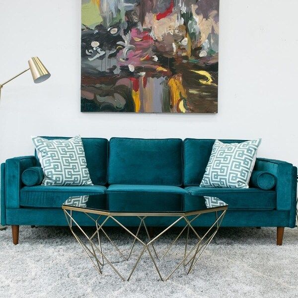 Flavia Mid-Century Modern Pillow Back Velvet Sofa in Teal - 33" x 88" x 34" | Bed Bath & Beyond