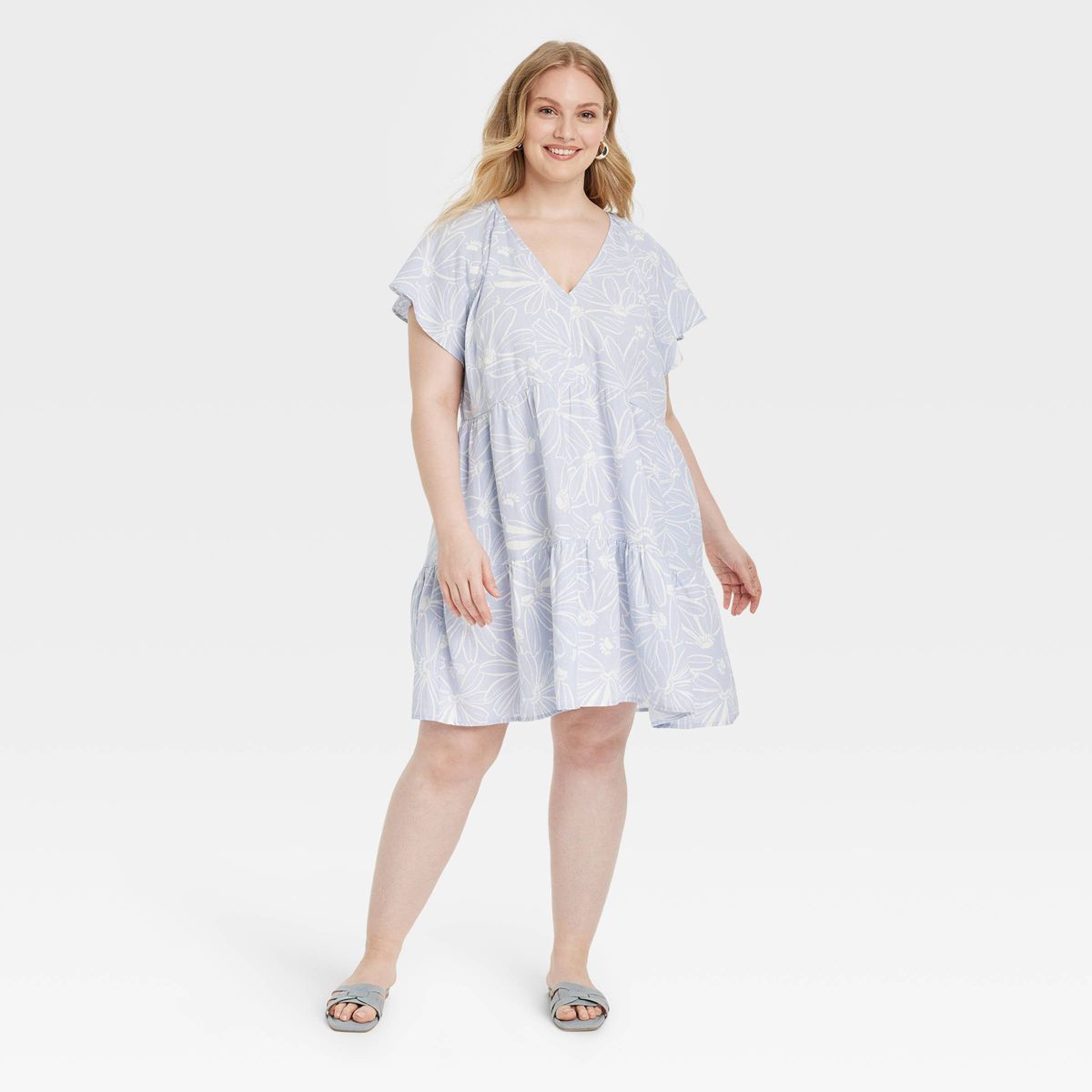 Women's Flutter Short Sleeve Mini Skater Dress - Universal Thread™ Blue/White Floral XXL | Target