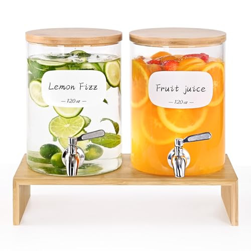 KitHero Water Drink Dispenser with Stainless Steel Spigot,8 Waterproof Labels, Bamboo Lid and Stand - 2 Pack 120oz Borosilicate Galss Beverage Dispenser for Parties, Juice, Cold and Hot drinks | Amazon (US)
