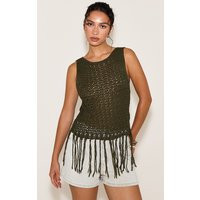 Khaki Crochet Boat Neck Fringe Top | PrettyLittleThing US