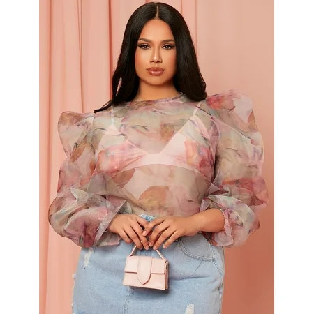 Women s Plus Puff Sleeve Floral Organza Top Without Bra 2022 4XL(20) Multicolor Sexy F044D | Walmart (US)