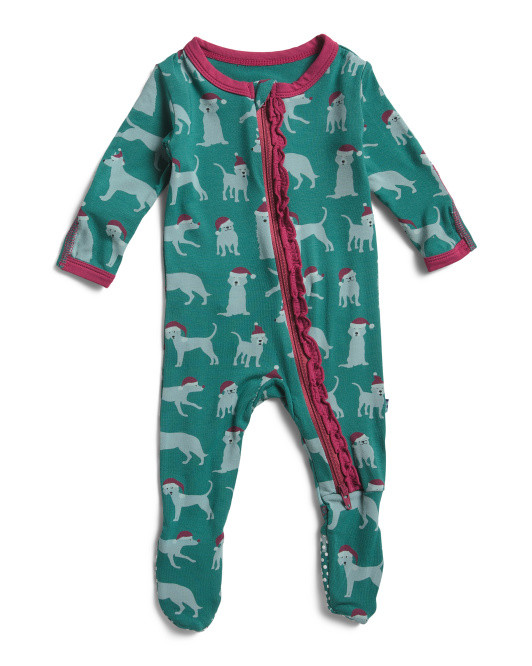 Infant Girls Santa Dogs Ruffle Footie Onesie | TJ Maxx