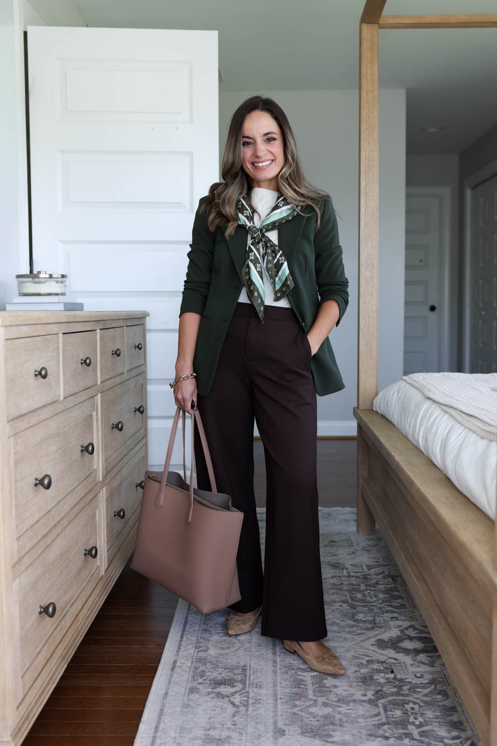 Four petite-friendly outfits for work with chocolate brown wide leg pants. 

Pants (BR Factory): petite xxs (10” rise, 27.5” inseam)  *of course these pants that just came out have already sold out in this color 🫠 but they are available in black, navy, and gray if you like the style. 

Blazer (J.Crew): petite 00 
Top (Quince): xs 
Scarf is sold out unfortunately

#LTKPetite