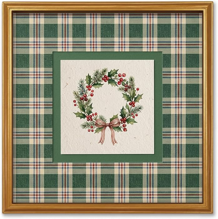TwoDays Vintage Christmas Wall Art, Green Plaid Berry Wreath Framed Print | Amazon (US)