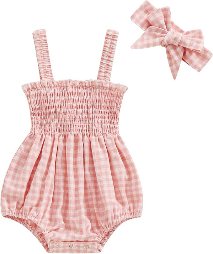 Newborn Baby Girl Romper Summer Sleeveless Smocked Cotton Linen Clothes Outfit with Headband | Amazon (US)