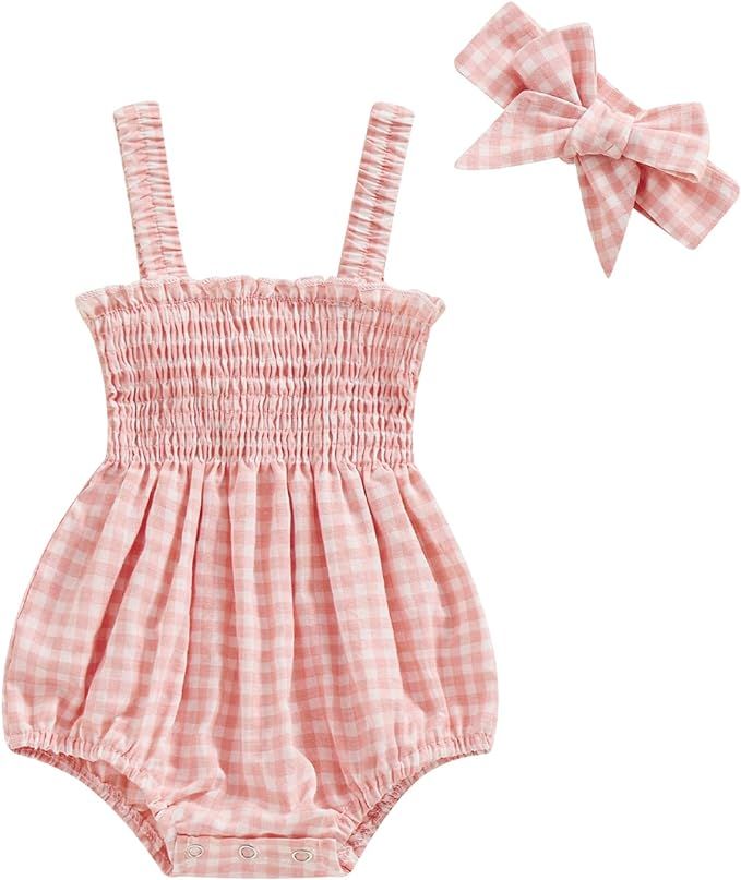 Newborn Baby Girls Summer Clothes Romper Summer Outfits Sleeveless Backless Frill Smocked Strap J... | Amazon (US)