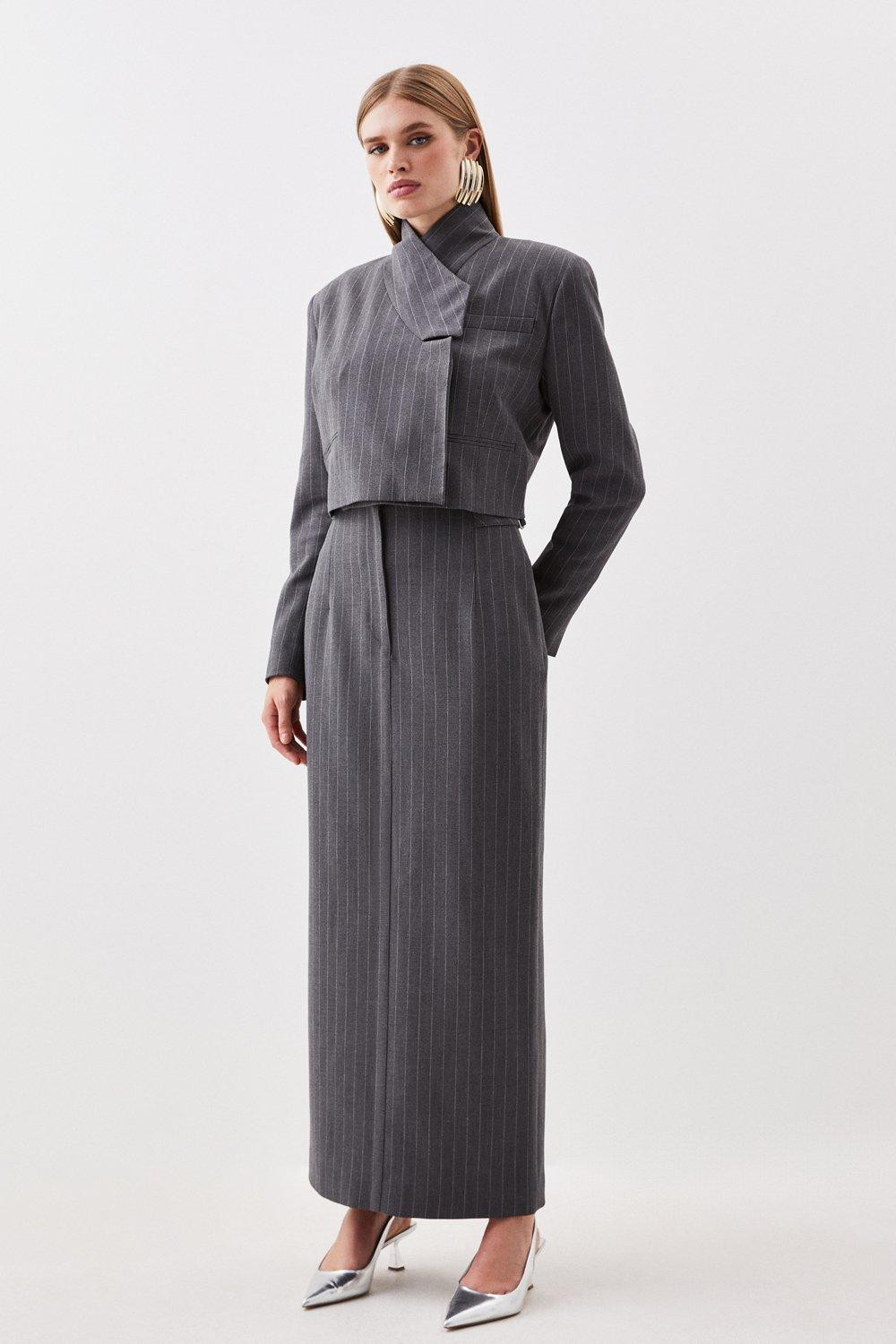 Tailored Compact Stretch Pinstripe Cropped Blazer | Karen Millen UK + IE + DE + NL