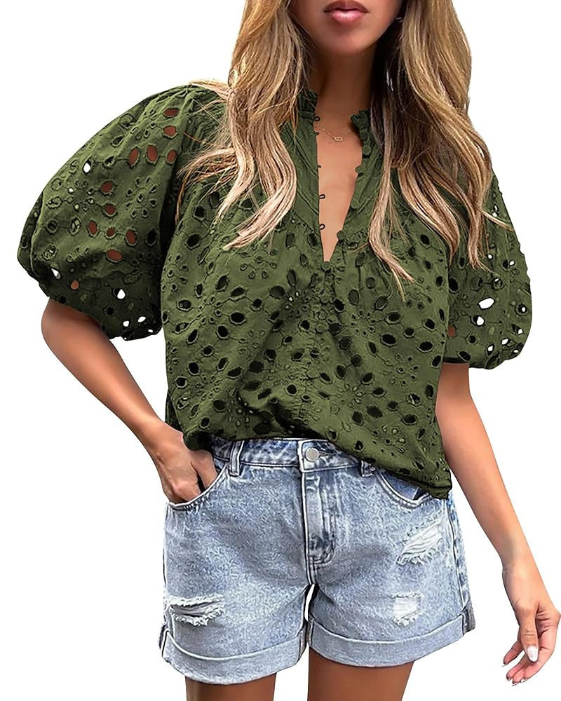 PRETTYGARDEN Women's Summer Tops 2025 Dressy Casual Short Sleeve V Neck Buttons Hollow Out Lace E... | Amazon (US)