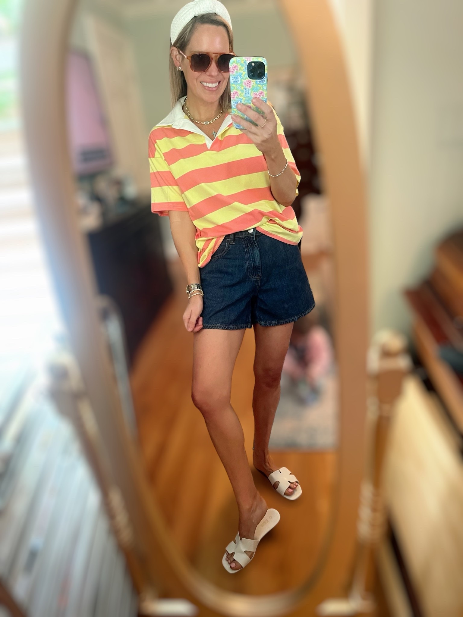 Code PREPPYREBEL saves you 10% on all Melinda Maria Jewelry!
This look gives me major Tuckernuck vibes — but on a budget! Perfect for summer errands, brunch, or a weekend getaway!

Outfit Details:
Top: Bold striped polo in sunshine yellow + coral — a fun & sporty Tuckernuck lookalike at a fraction of the price!
Shorts: Dark wash denim shorts with a modest length and flattering fit (wearing size 26 for reference)
Sandals: White cutout slides that mimic the classic Hermes style without the splurge
Accessories:
	•	White textured headband for a classic, polished touch
	•	Melinda Maria gold jewelry layered to perfection (tennis bracelet, chunky hoops, and dainty chain)
	•	Save 10% with code PREPPYREBEL at Melinda Maria!

Style Tip: This bright striped polo looks SO cute tucked or knotted — perfect for preppy summer layering!

#preppystyle #tuckernucklookalike #summeroutfitinspo #melindamaria #budgetfriendlyfashion #LTKunder50 #summerstyleedit #stripedshirtseason #elevatedcasual


#LTKOver40 #LTKFindsUnder50 #LTKFindsUnder100