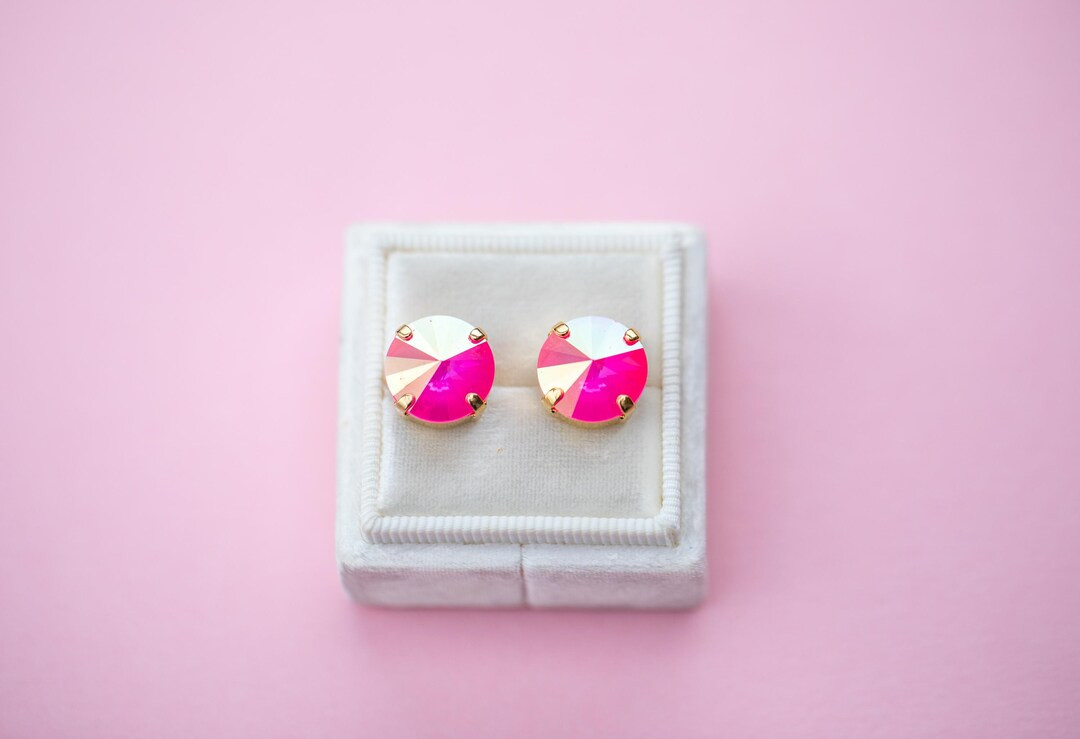 12mm Electric Pink AB Rivoli Studs OR Leverback Drops Choose Setting Color - Etsy | Etsy (US)