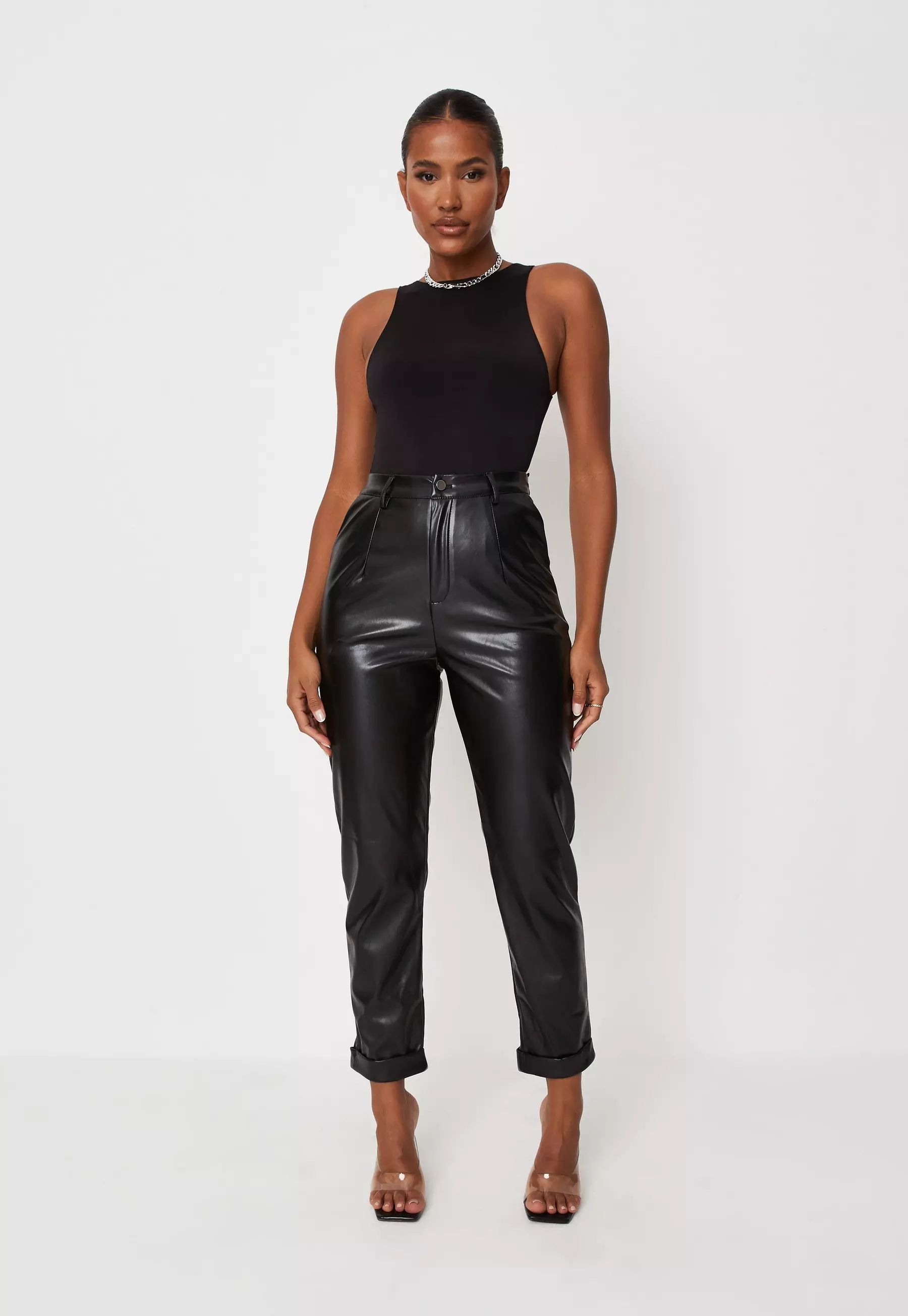 Black Faux Leather Turn Up Cigarette Pants | Missguided (US & CA)