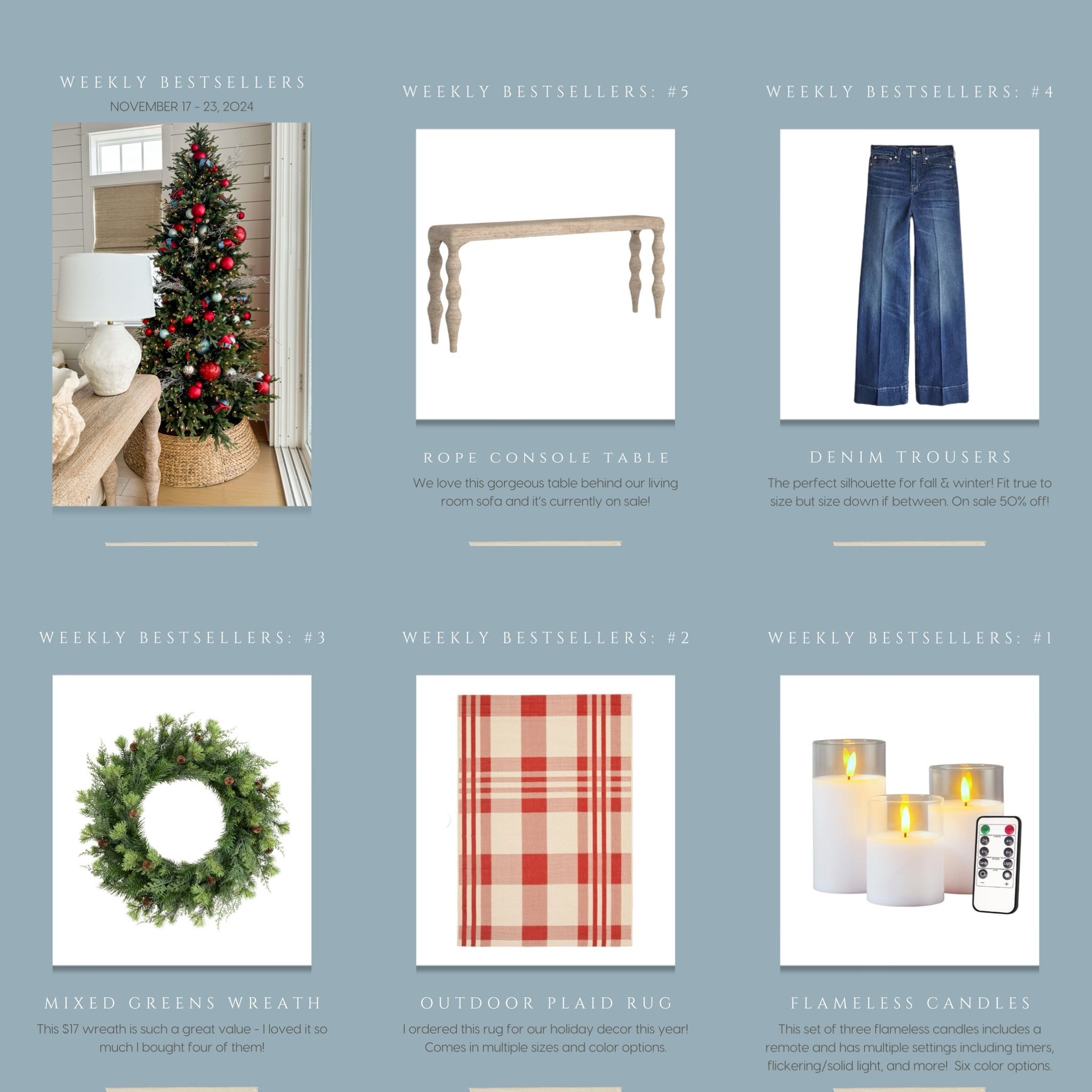 This weeks bestsellers include our rope sofa table with turned legs, my favorite denim trouser jeans, our $17 mixed greens wreath, indoor/outdoor plaid rug, and our flameless candle pillars that are currently on Black Friday deal! #ltkholiday #ltkhome #ltksalealert #ltkfindsunder50 #ltkfindsunder100 #ltkgiftguide #ltkcyberweek #ltkseasonal #ltkover40 #ltkmidsize

#LTKSaleAlert #LTKHoliday #LTKHome