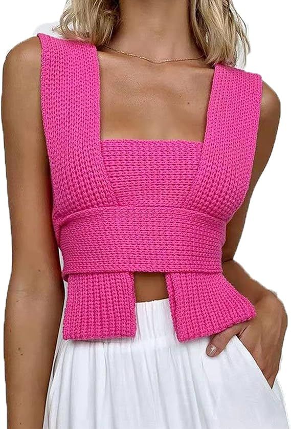 SAFRISIOR Women Y2K Sleeveless Knit Crop Sweater Vest Tie Strappy Backless Crop Tank Top V Neck S... | Amazon (US)