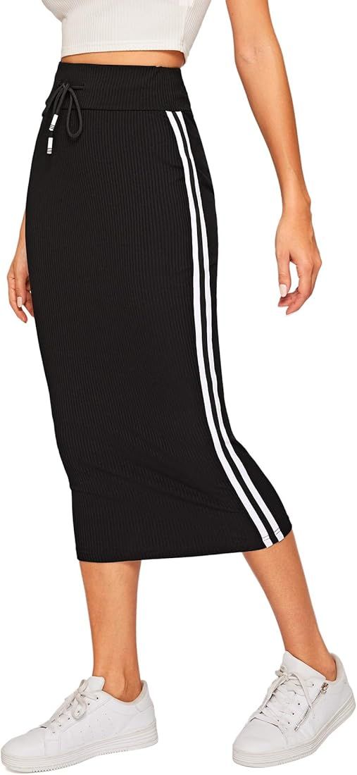 WDIRARA Women's Casual Drawstring Waist Split Back Solid Midii Skirt | Amazon (US)