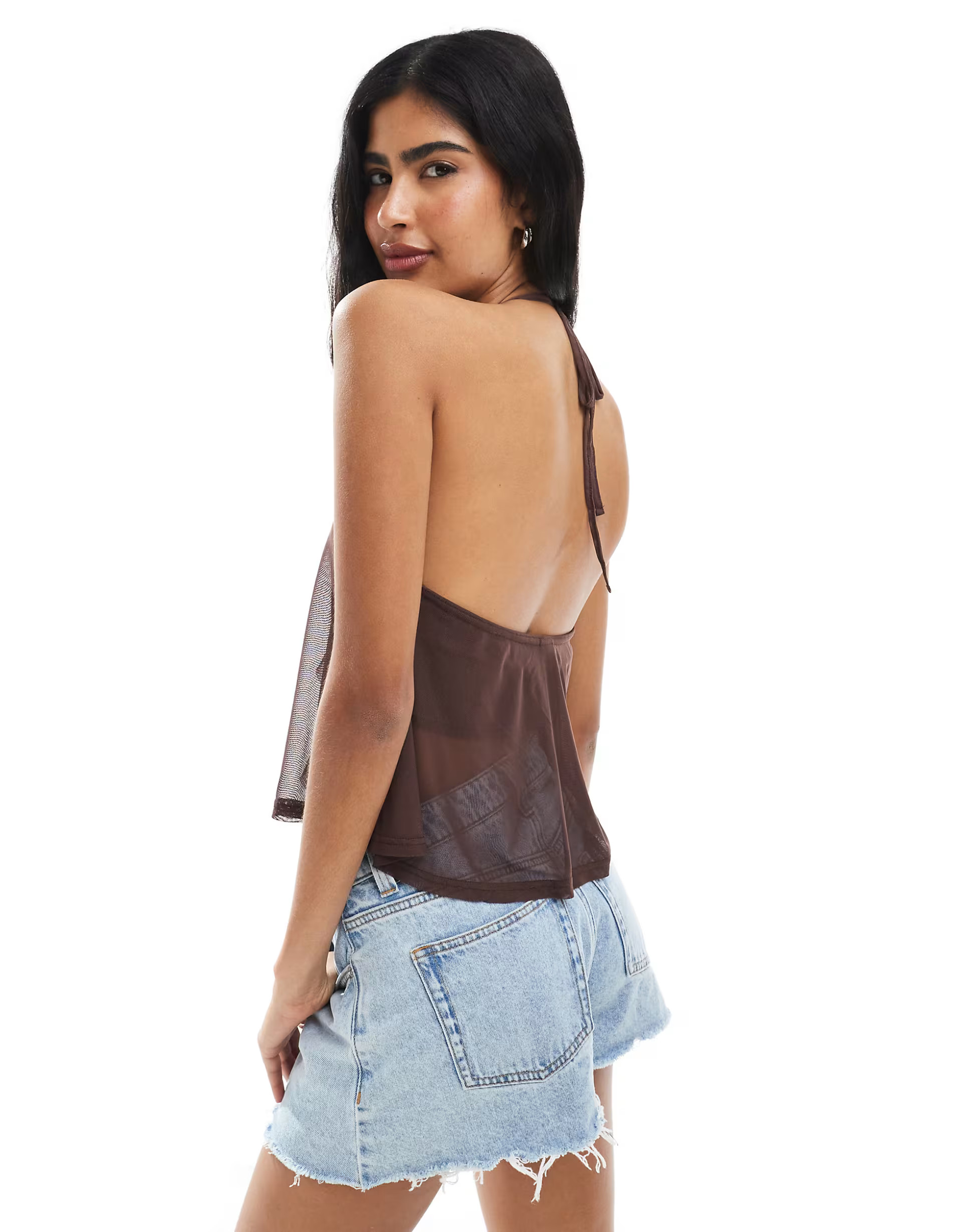 Miss Selfridge o ring ruffle split front top in chocolate | ASOS | ASOS (Global)