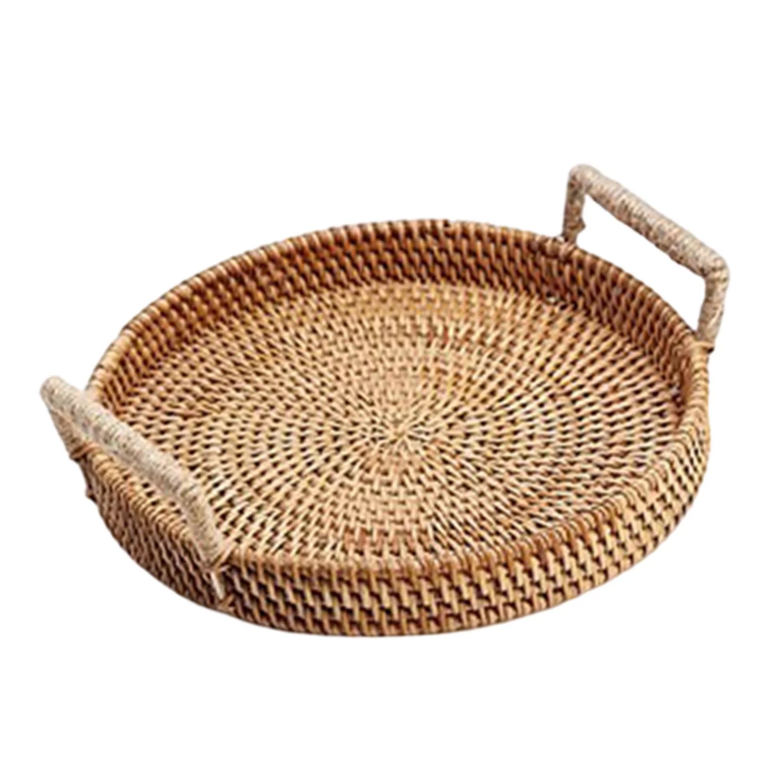 Handmade Wicker Serving Basket Breakfast with Handles Platter Serving Tray Rattan Round Tray for ... | Walmart (US)