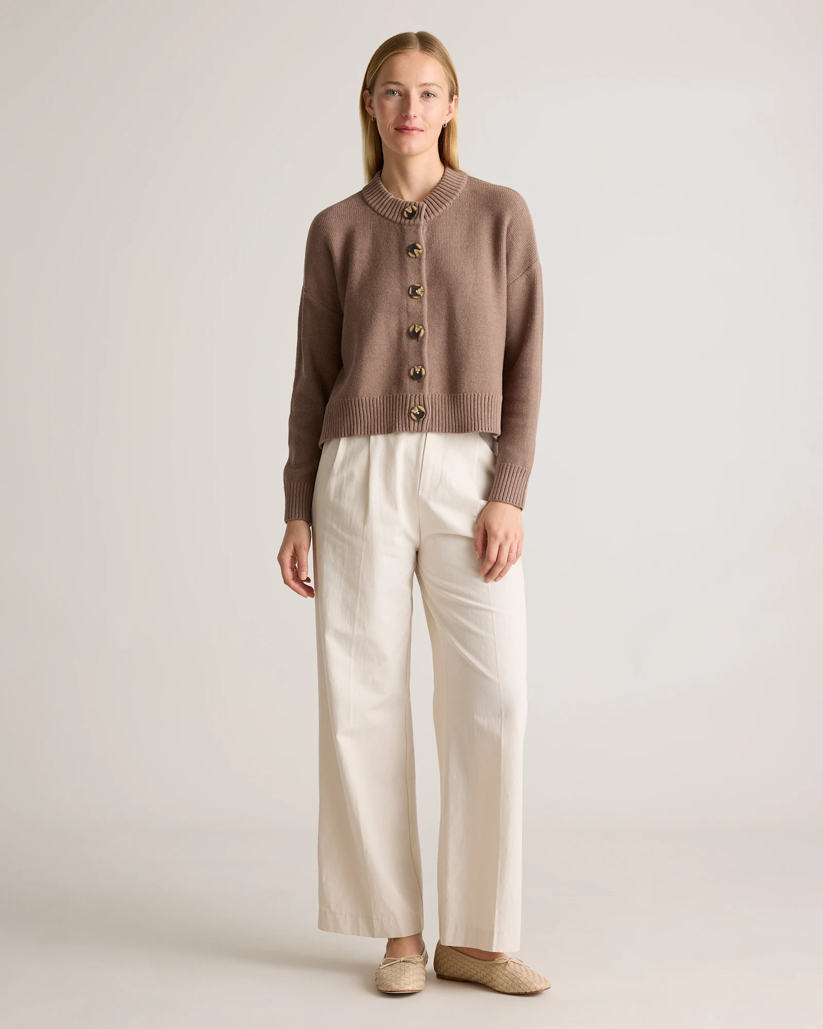 100% Organic Cotton Cropped Cardigan in Cafe Au Lait | Quince