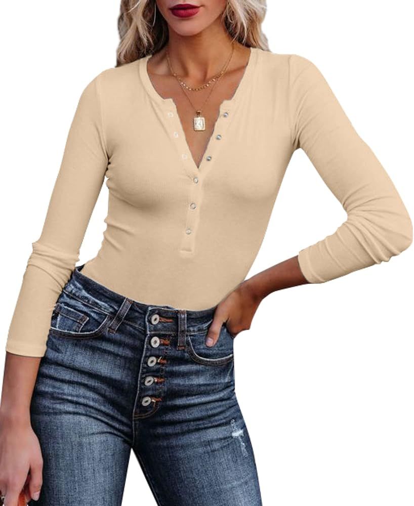 NATACATA Women's Long Sleeve Henley Shirts Ribbed Knit Crew Neck Button Up Slim Fitted Casual Fall T | Amazon (US)