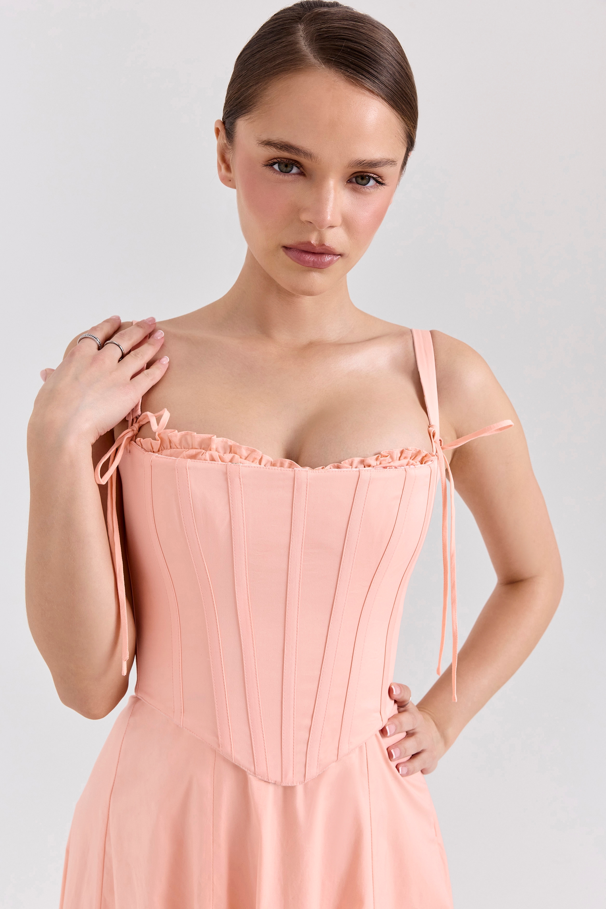 peach cotton detachable corset midi sundress | House of CB
