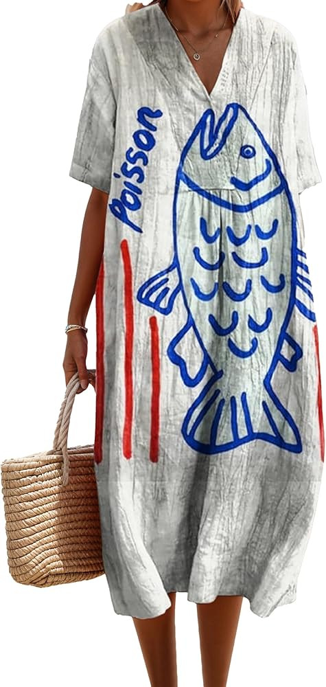 V Neck Boho Floral Linen Maxi Dress Women Summer Short Sleeve Loose Casual Beach Vacation Long Tu... | Amazon (US)