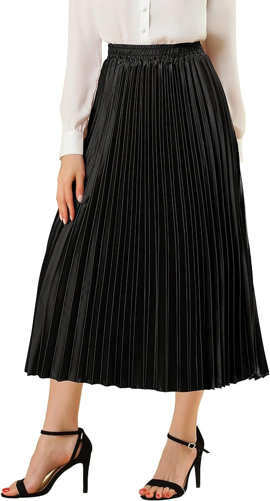 Allegra K Women Pleated Skirt Midi Length Elastic High Waisted A Line Swing Flare Metallic Shirri... | Amazon (US)