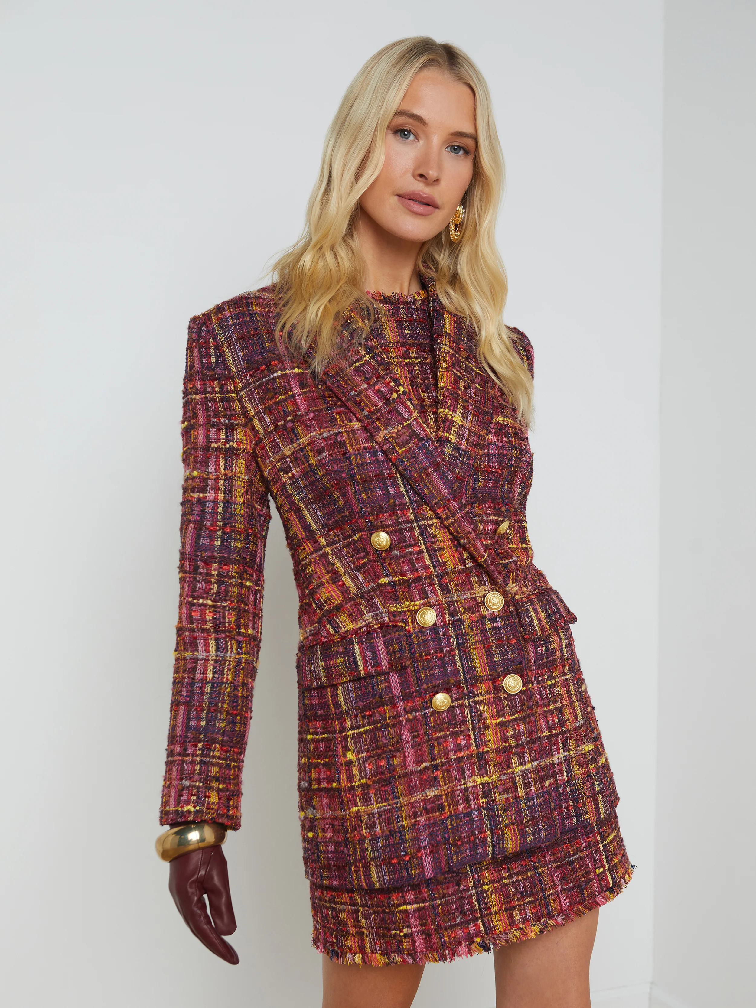 L'AGENCE - Aimee Tweed Boyfriend Blazer in Red/Pink Multi Tweed | L'Agence