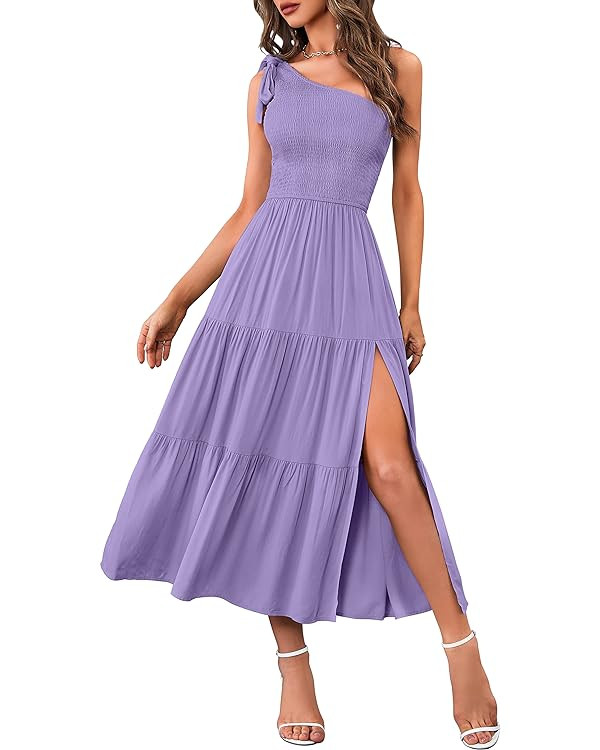 MEROKEETY Women's Summer One Shoulder Sleeveless Knot Smocked Midi Dress Split Tiered Flowy Dress... | Amazon (US)