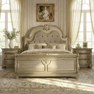 Rilon 3-Piece Gold Champagne Wood Queen Panel Bedroom Set with 2 Nightstands and Genuine Marble Top | The Home Depot
