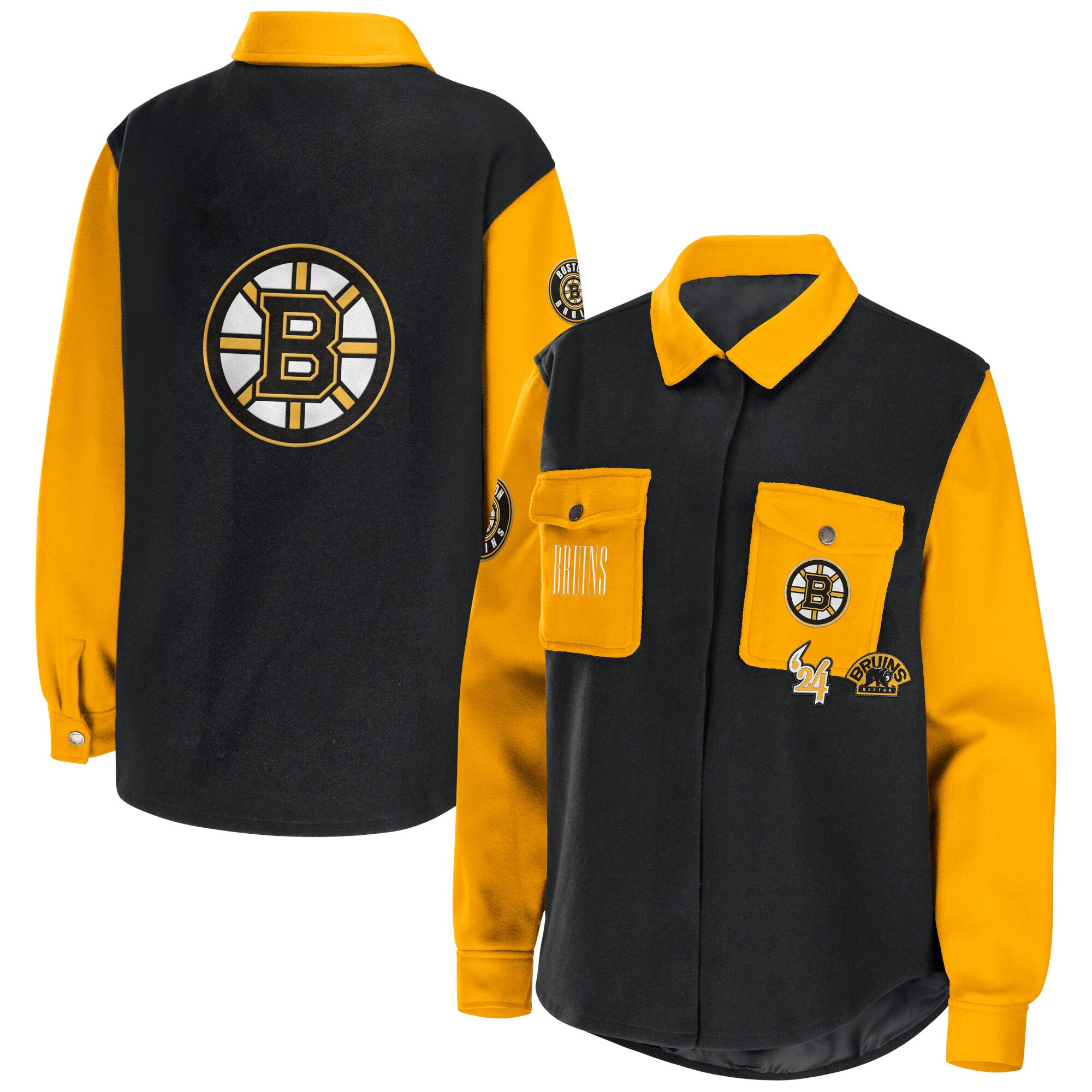 Women's Boston Bruins WEAR by Erin Andrews Black/Gold Colorblock Button-Up Shirt Jacket | NHL Shop