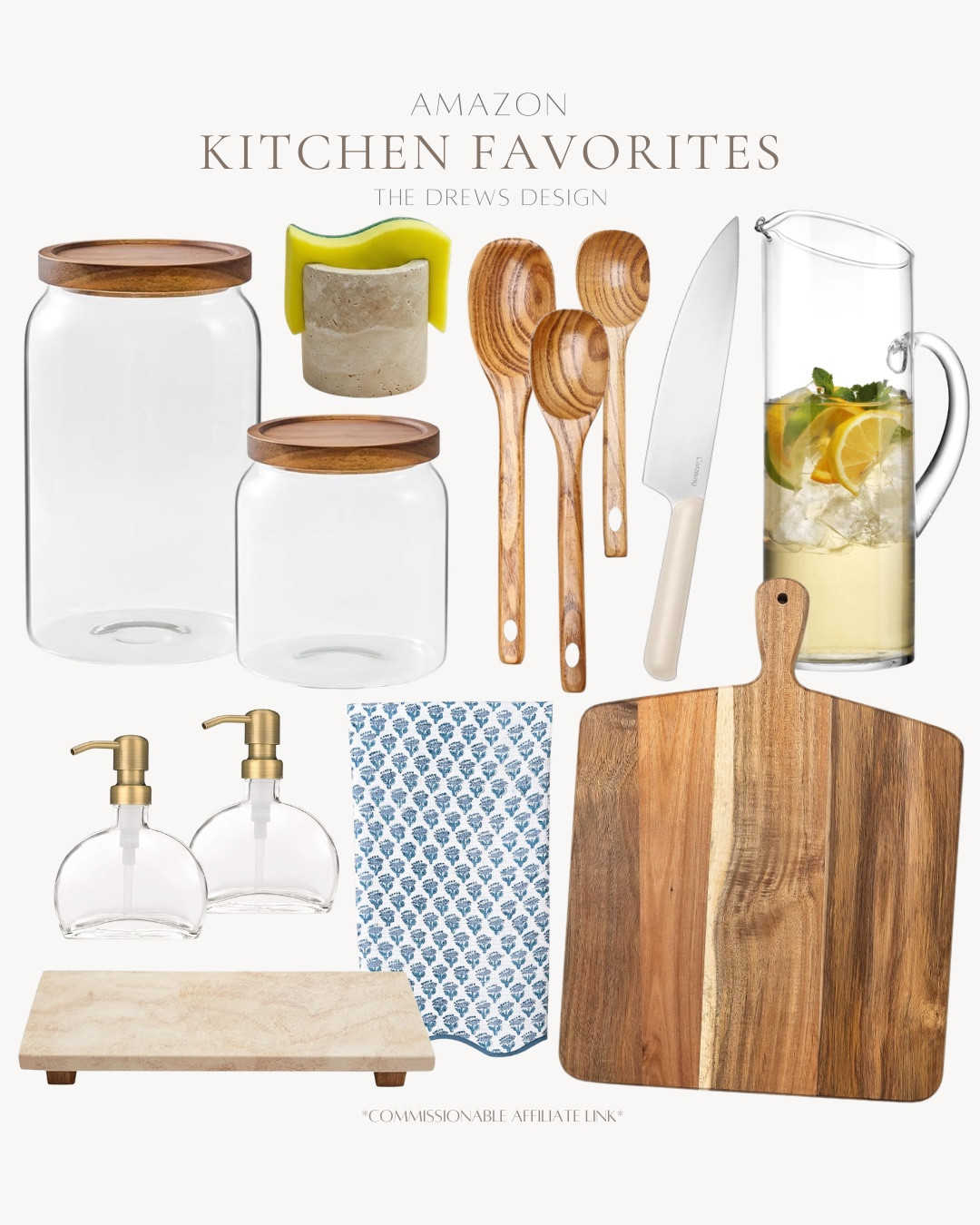Kitchen favorites for Amazon includes wooden cutting board, dish towel, marble tray, soap dispenser, canister, wooden spoons, sponge holder, pitcher, knives.

Home decor, kitchen decor, kitchen finds, looks for lesss includes

#LTKHome #LTKfoodie #LTKvlog