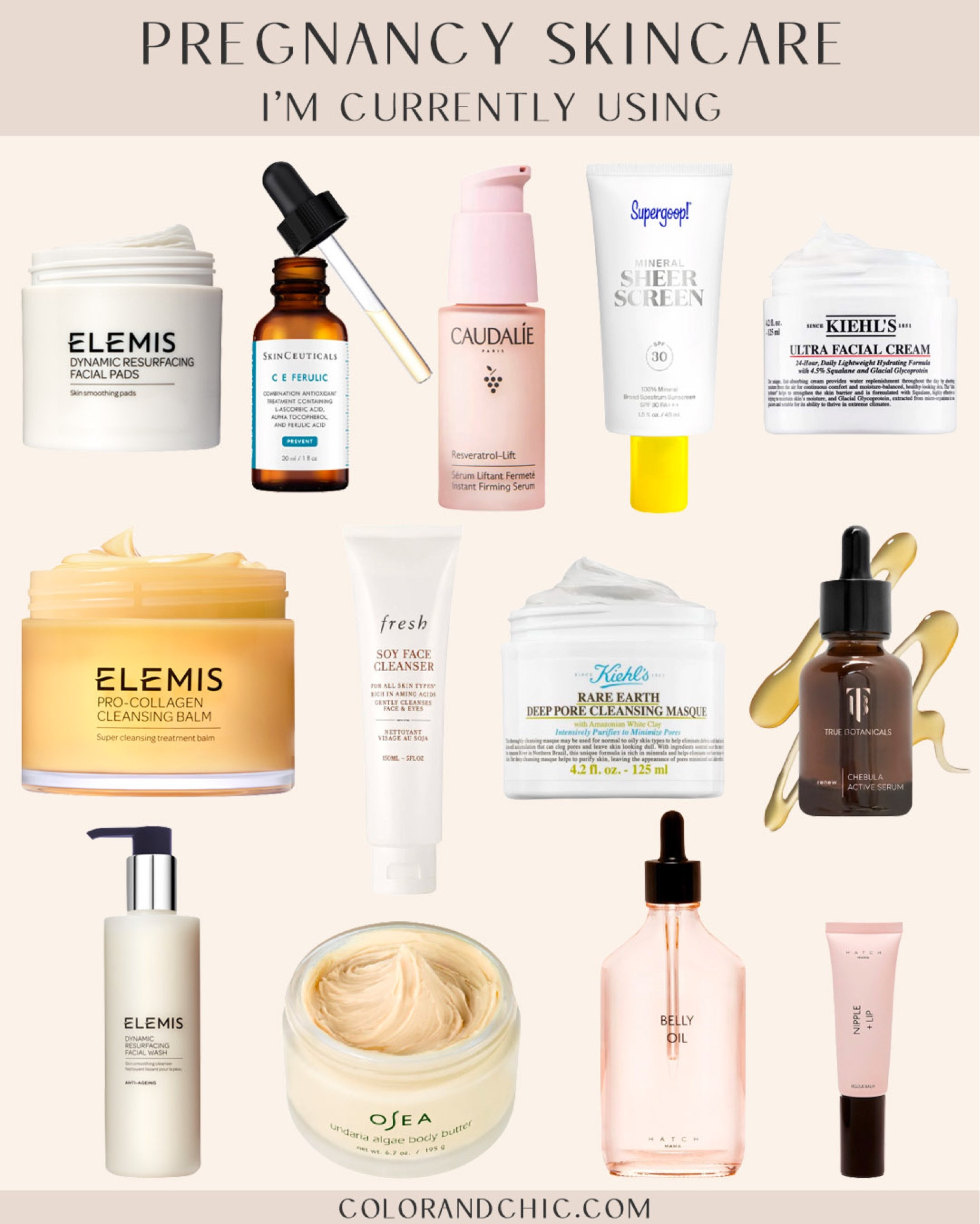The pregnancy safe skincare I’m currently using and loving! The Elemis cleansing balm is my favorite way to take off makeup, I use the fresh soy cleanser to cleanse. Follow up with the kiehls mask three times a week, Chebula serum and Caudalie Resveratrol serum as a retinol alternative. The kiehls moisturizer has been my go to for the past year. C E Ferulic in the morning and always sunscreen! I use the OSEA body butter right after showering and apply the hatch belly oil at night  

#LTKsalealert #LTKbump #LTKbeauty