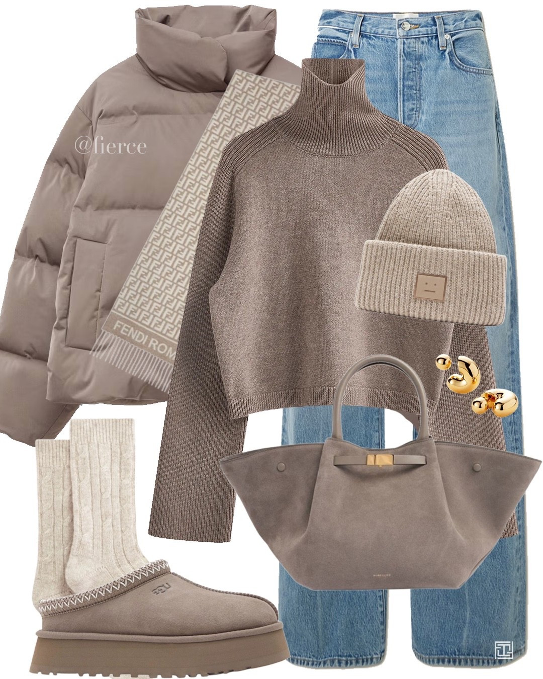 Blue loose jeans beige  suede tote bag taupe mink beige jumper puffer jacket taupe Ugg tazz slippers Fendi scarf beige beanie hat casual comfy winter look weekend 

#LTKuk #LTKwinter #LTKeurope