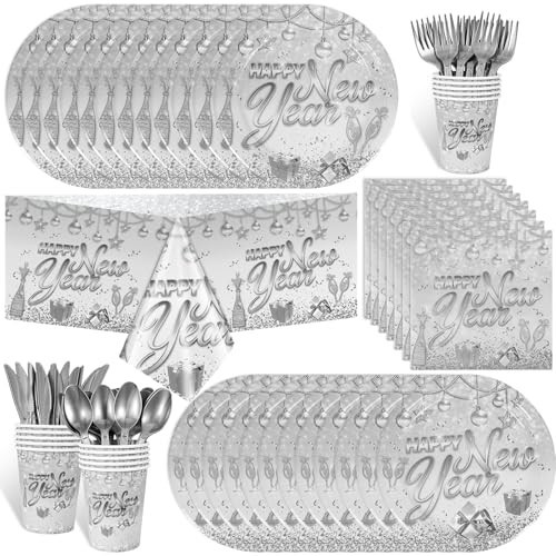 HOWAF 97pcs Silver New Years Decorations Party Tableware Set, Serves 12, New Years Plates and Napkins Cups New Year Eve Party Tablecloth Cutlery Disposable Dinnerware Set for NYE Decorations 2026 | Amazon (US)