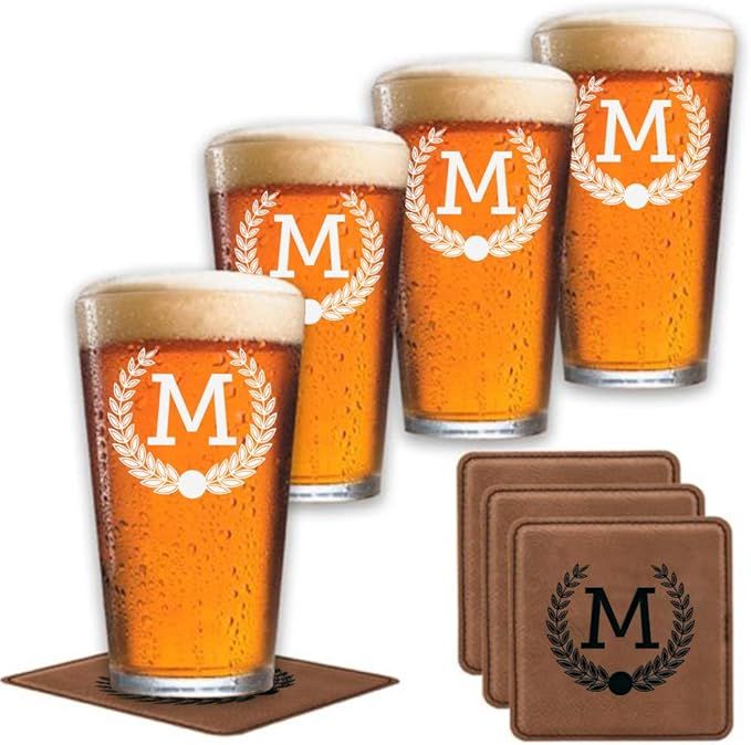 Froolu Custom Beer Pint Glass with Initial (Set of 4) - Cool Man Cave Decor Gift for Dad, Granpda... | Amazon (US)