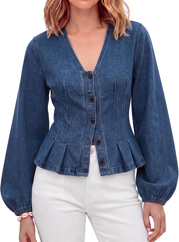 Tankaneo Womens Denim Button Down Shirts Fitted Puff Long Sleeve Jean Tops | Amazon (US)