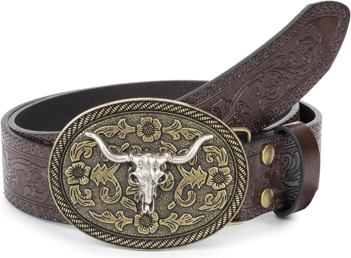 Mens Western Cowboy Belt Vintage Embossed Leather Belt With Longhorn Cow Pattern Buckle Fit 25" t... | Amazon (US)