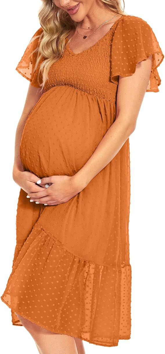 Swiss Dot Smocked Maternity Dress/V Neck Flutter Sleeve Midi Dress for Baby Shower Wedding Guest ... | Amazon (US)