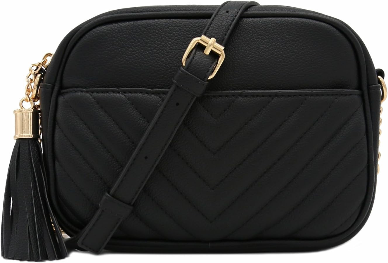 FashionPuzzle Chevron Quilted Crossbody Camera Bag with Chain Strap and Tassel | Amazon (US)