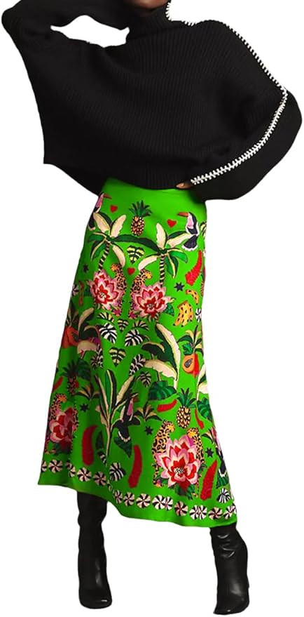 THLAI Womens Skirt Midi Skirt Tropical Plant Print Pink Zipper A-Line Long Skirts Spring Summer S... | Amazon (US)