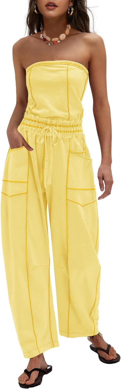 Womens Casual Strapless Jumpsuits off the Shoulder Summer Rompers Sleeveless One Piece Outfits wi... | Amazon (US)