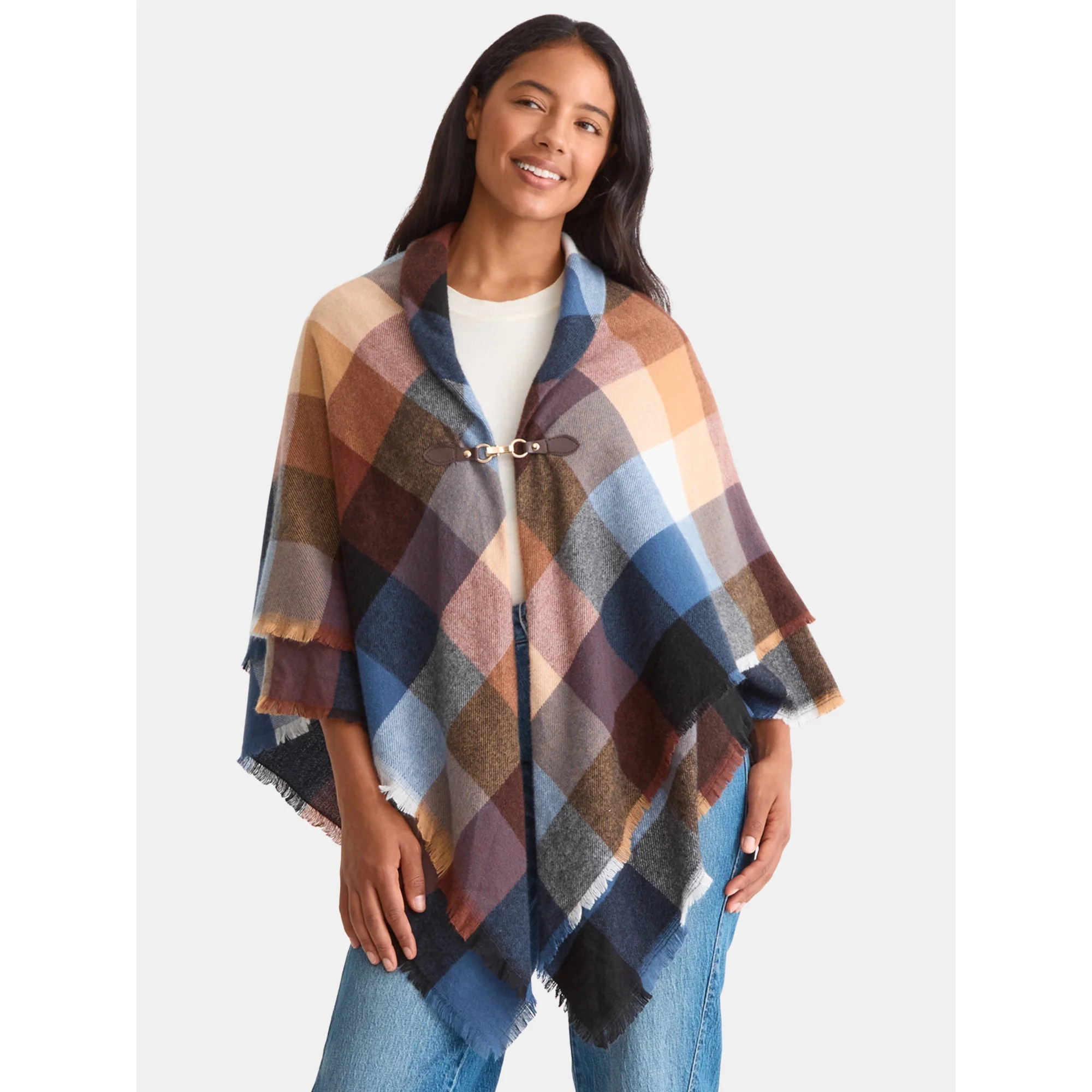 Time and Tru Women's Plaid Toggle Poncho, Tan/Brown, Size L/XL | Walmart (US)