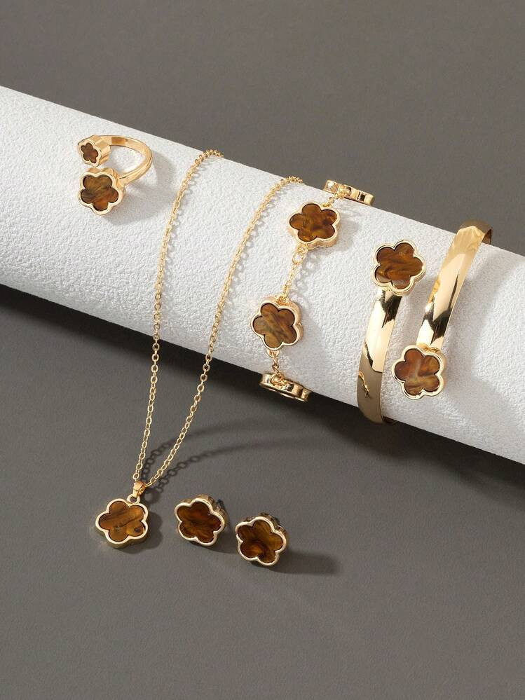 1 Set: 1 Lucky Clover Pendant Necklace, 1 Bracelet, 1 Pair Earrings, 1 Ring, 1 Bangle, Women Jewe... | SHEIN