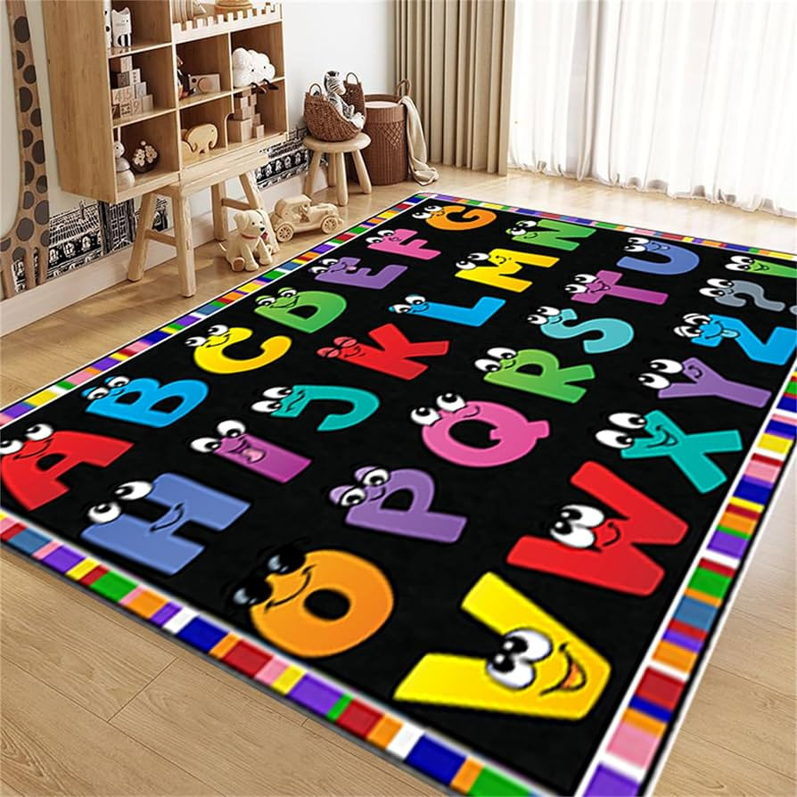 Kids Area Rug English Characters ABC and Math Symbols Learning Carpets, Lovely Black Foldable Lar... | Amazon (US)