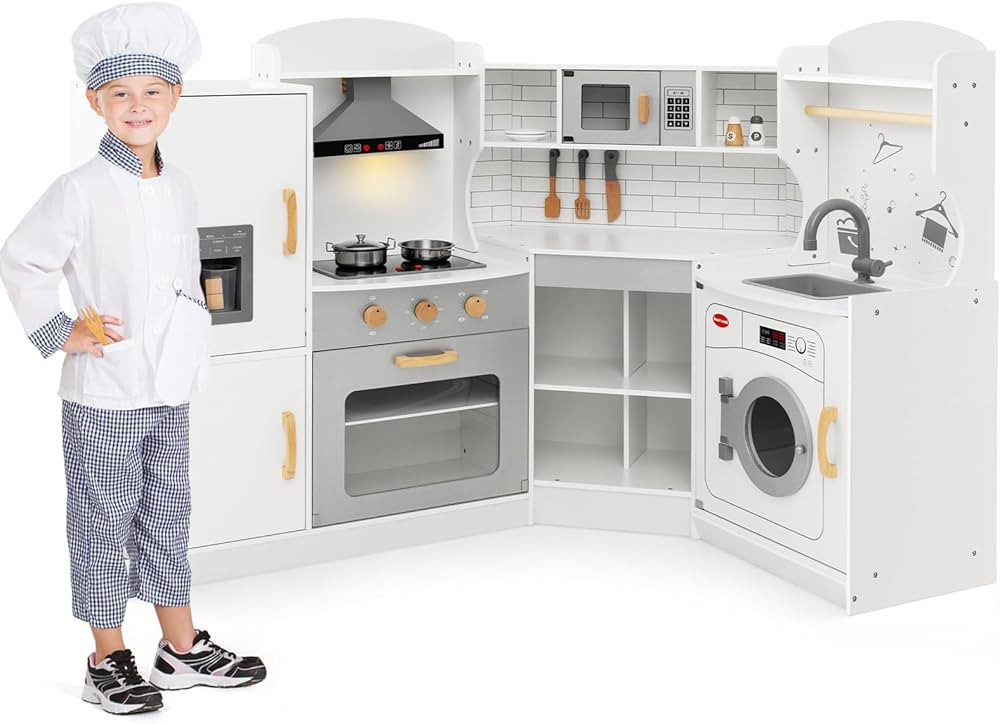 Costzon Corner Kids Kitchen Playset, Wooden Play Kitchen with Washing Machine, Range Hood, Ice Maker, Microwave, Oven, Sink, Pretend Cooking Toy Kitchen Set for Toddler, Gift for Boys & Girls | Amazon (US)