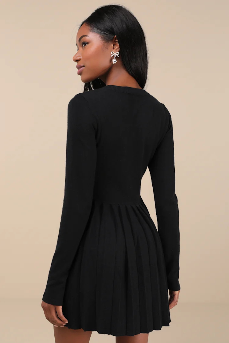 Beyond Sweet Black Pearl Pleated Mini Sweater Dress | Lulus
