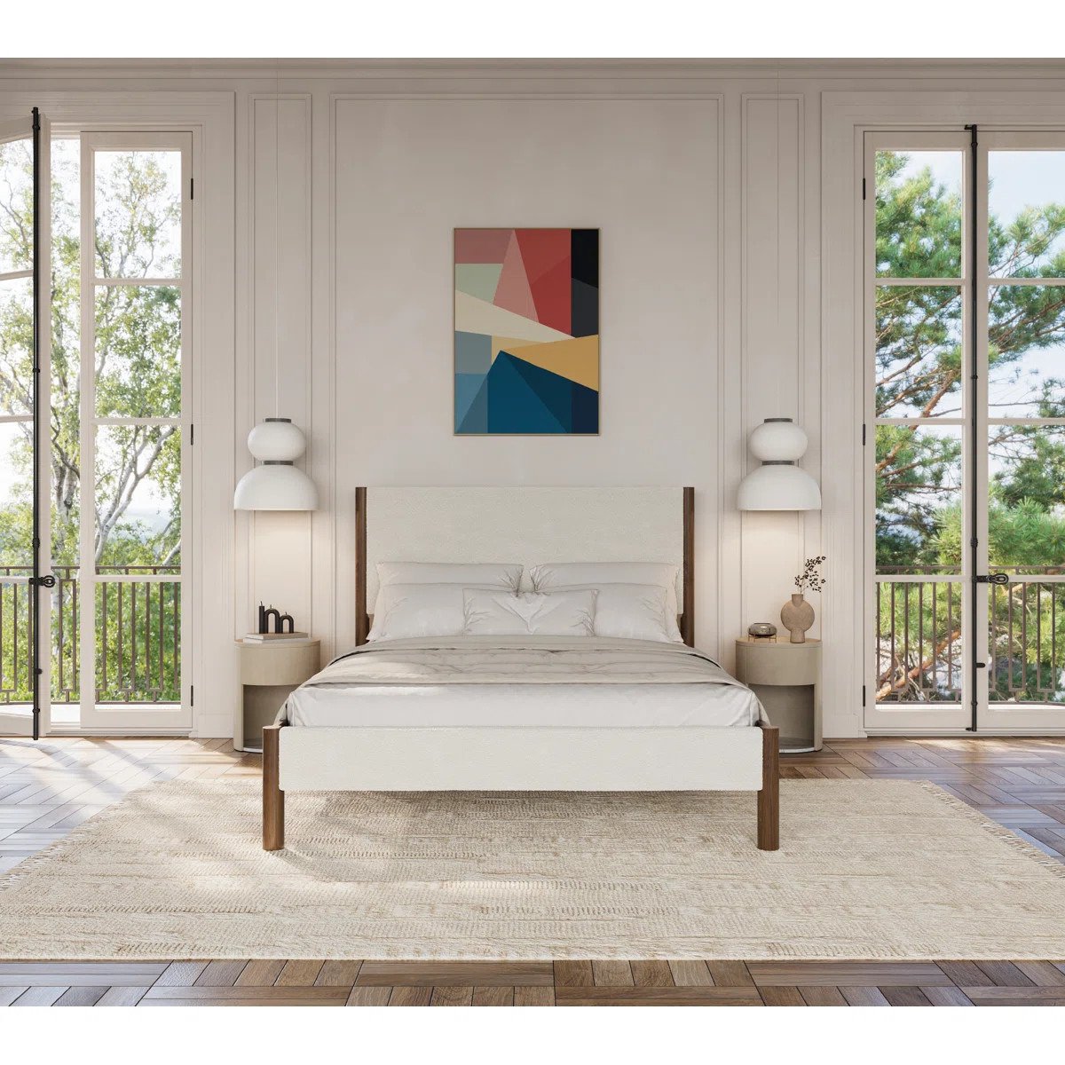 Ardin Solid Wood Bed Frame With Cream Boucle Upholstered Headboard And Footboard | Wayfair North America