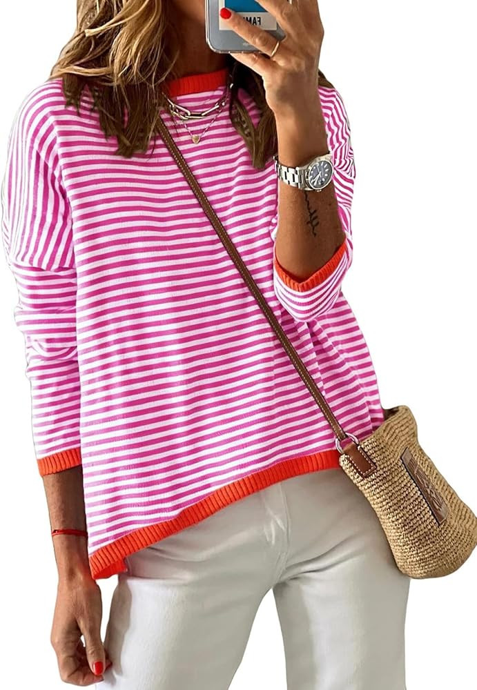 Dokotoo Long Sleeve Shirts for Women Casual Long Sleeve Crewneck Striped Color Block Shirt High L... | Amazon (US)