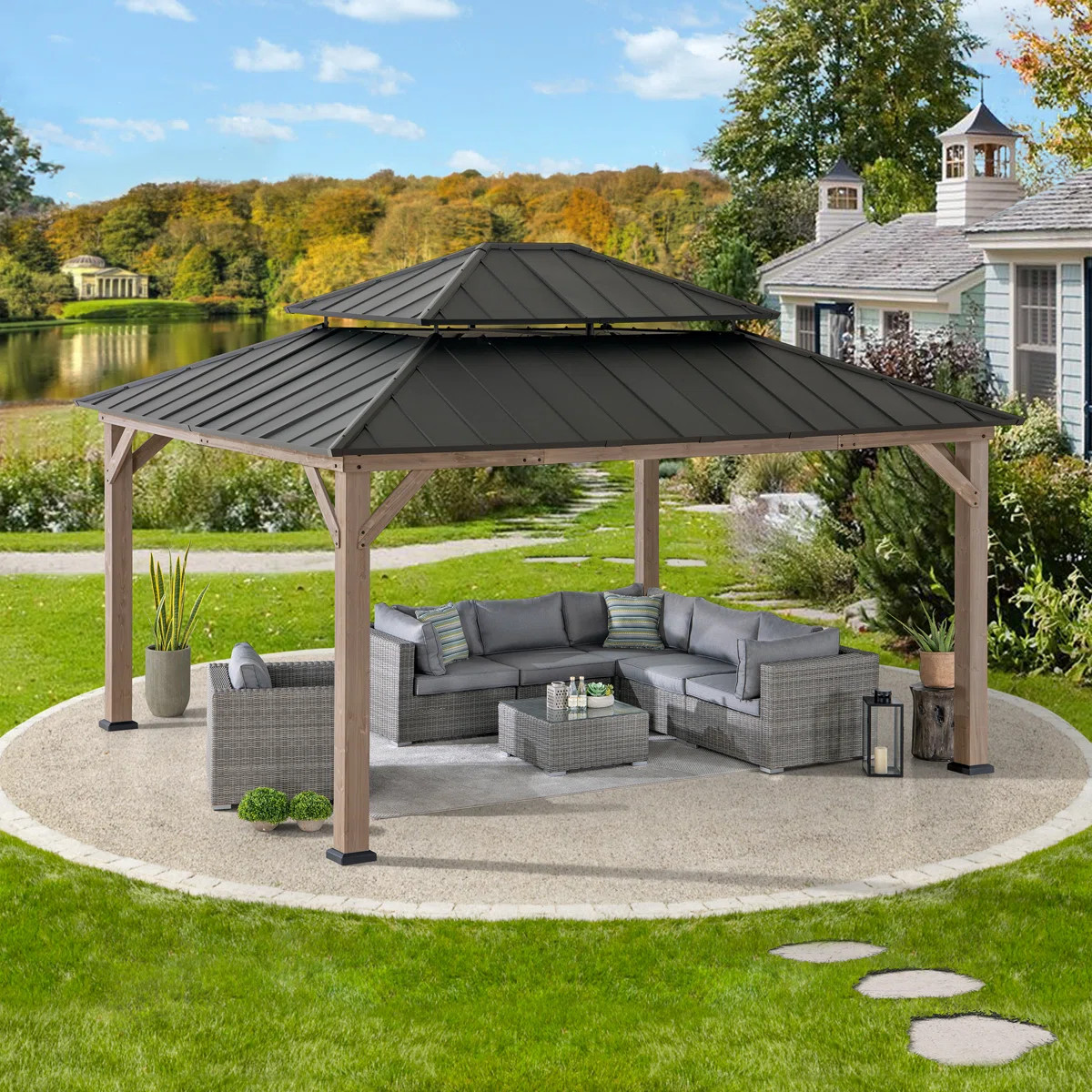 Sunjoy 13 x 15 ft. Wood Gazebo, Outdoor Patio Steel Hardtop Gazebo, Cedar Framed Wooden Gazebo wi... | Wayfair North America