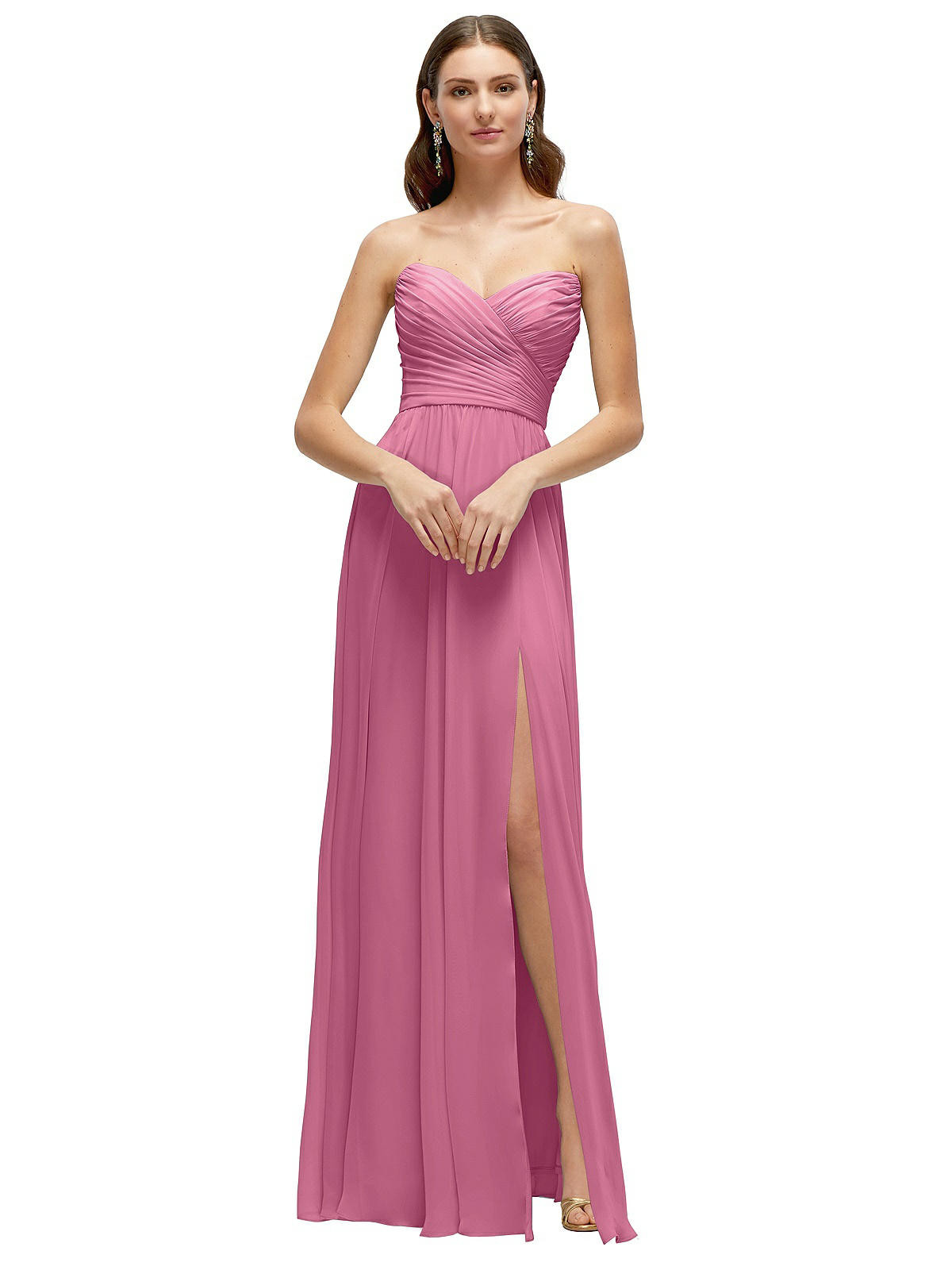 Strapless Pleated Surplice Chiffon Maxi Dress with A-Line Skirt in Orchid Pink | Dessy Group