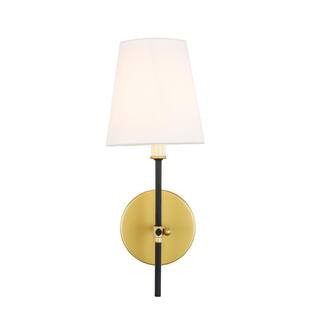 Timeless Home Mercy 5.5 in. W x 15 in. H 1-Light Brass and Black and White Shade Wall Sconce | The Home Depot